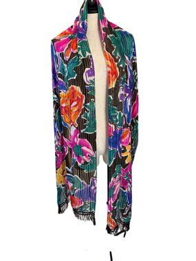 Flora Kung Womens Silk Scarf OS Floral Metallic Threading & Fringe Vintage Rare